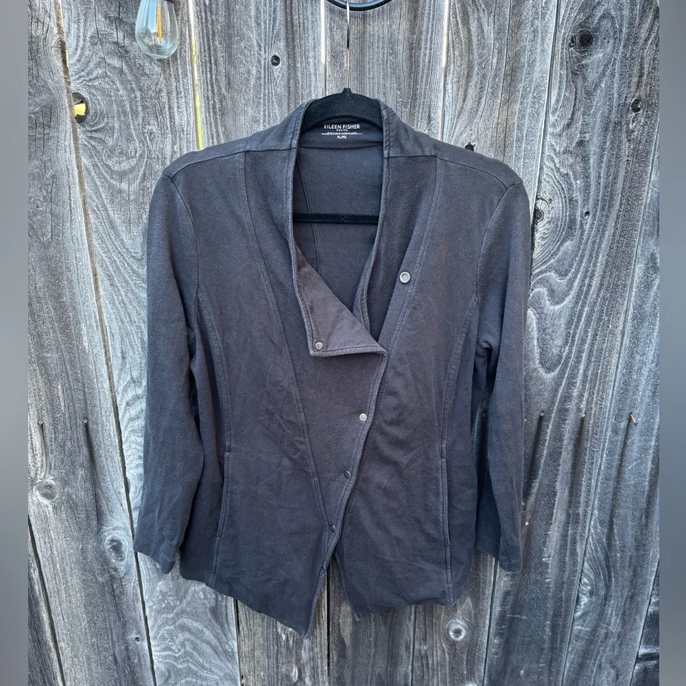 Eileen Fisher Asymmetrical Snap Front Cotton Jacket Black Size Petite Large - Picture 2 of 16